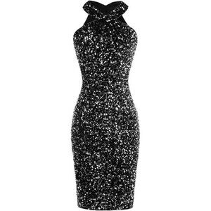 Womens Sequin Dress Sleeveless Sparkly Glitter Halter Black